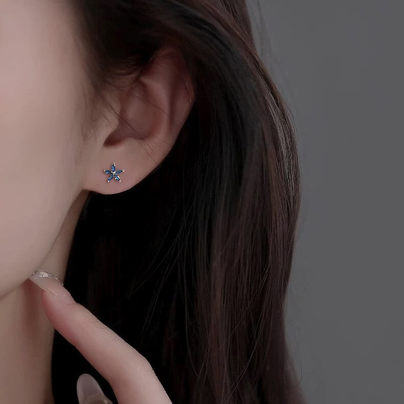 Lucky Five-Petal Blue Bloom Silver Earrings