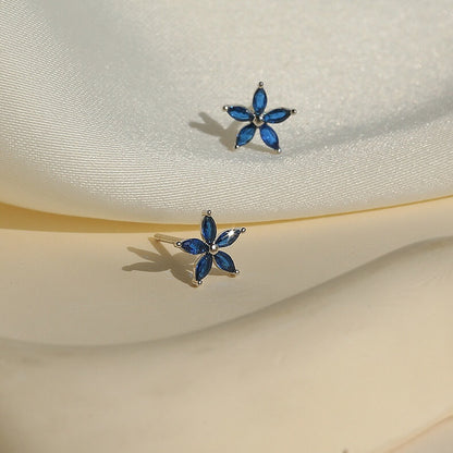 Lucky Five-Petal Blue Bloom Silver Earrings