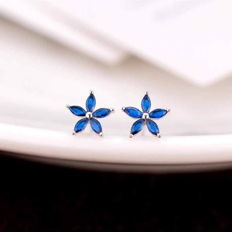 Lucky Five-Petal Blue Bloom Silver Earrings