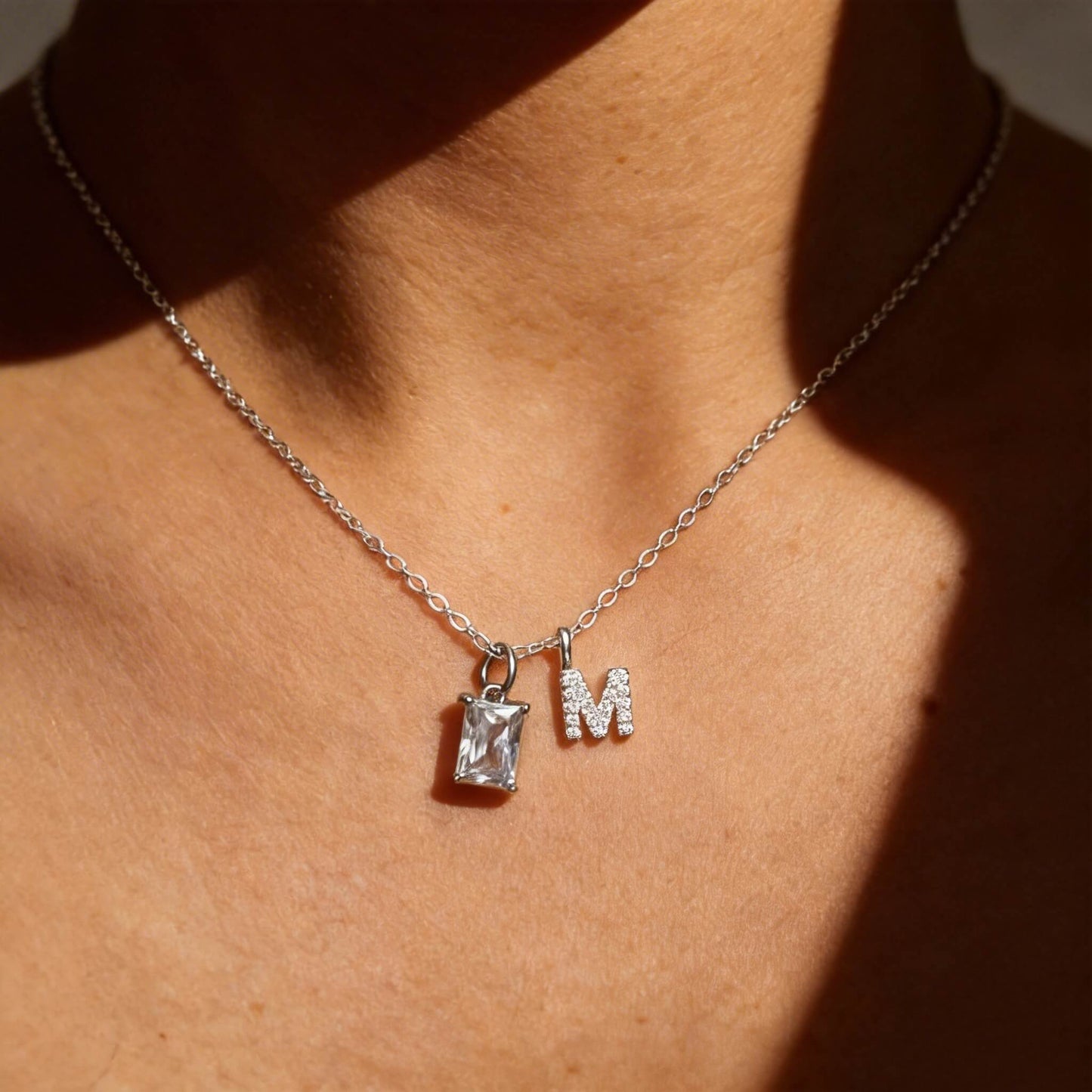 Custom Sterling Silver Birthstone & Initial Necklace