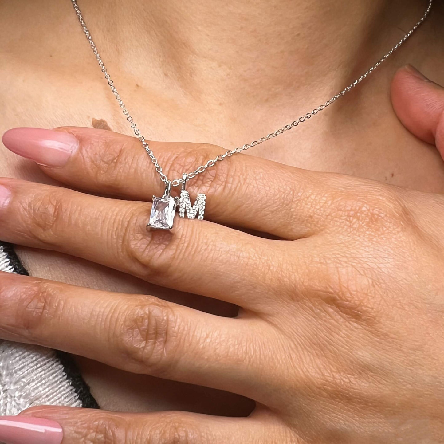 Custom Sterling Silver Birthstone & Initial Necklace