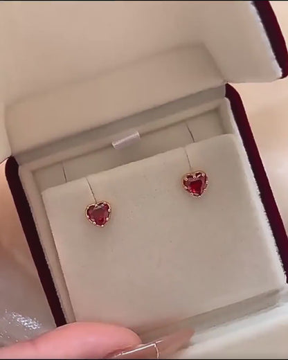 Zircon Ruby Heart Stud Earrings(2pcs)