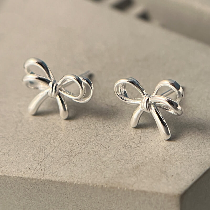 Silver Bow Braid Stud Earrings