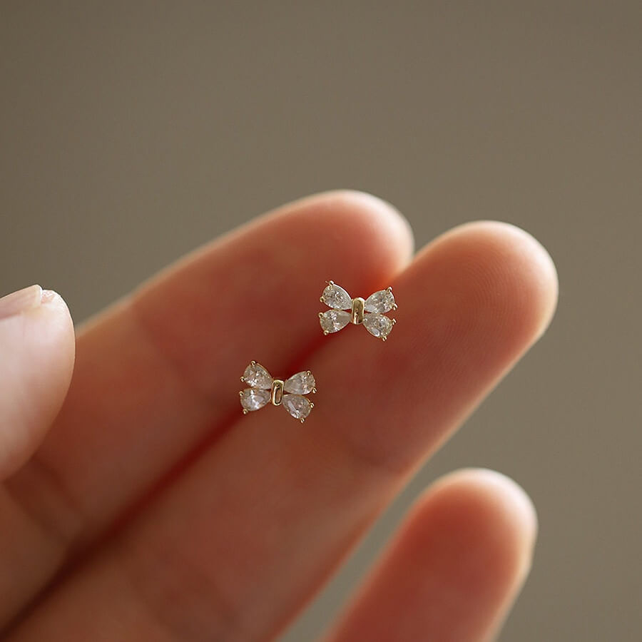 Bow Crystal Sterling Silver Earrings Sparkling Studs